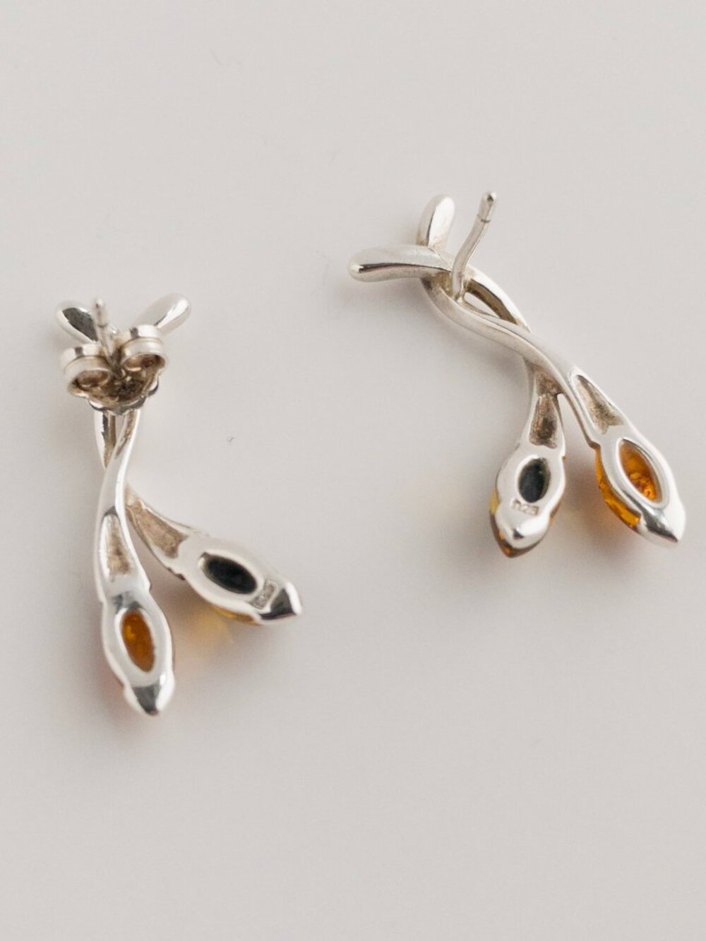 Sterling Silver Baltic Amber Necklace & Stud Earrings Set Botanical Leaf 925 - Picture 8 of 17